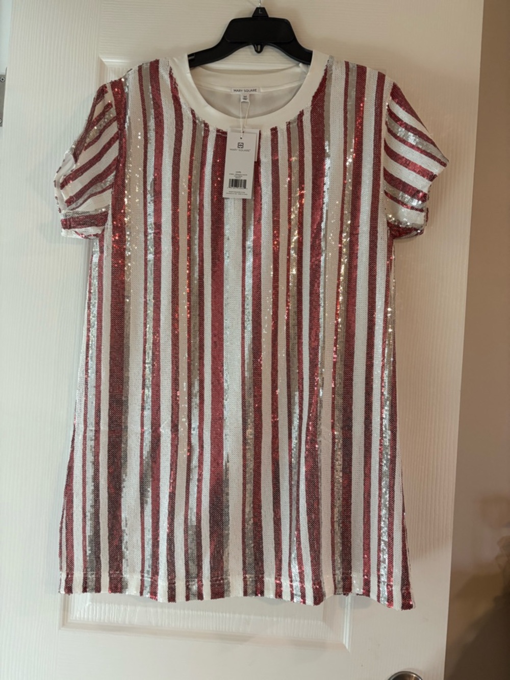 Sequin Stripe Short Sleeve Dress - Red & White